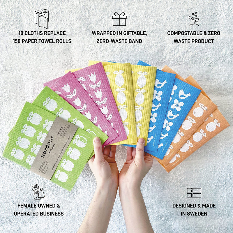 Nordhus Design Swedish Dishcloths - Original Reusable Swedish Dishcloths Replace Paper Towels, Sponges and Dish Rags - Eco Friendly, Biodegradable, Absorbent and Quick Drying Cellulose Cloths Fruits & Florals - BeesActive Australia