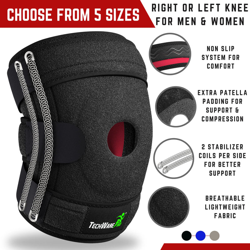 TechWare Pro Knee Brace Support - Knee Braces for Knee Pain. Relieves ACL, LCL, MCL, Meniscus Tear, Arthritis, Tendonitis Pain. Dual Stabilizers Non Slip Neoprene. Adjustable Bi-Directional Straps -5 Sizes Black Large - BeesActive Australia