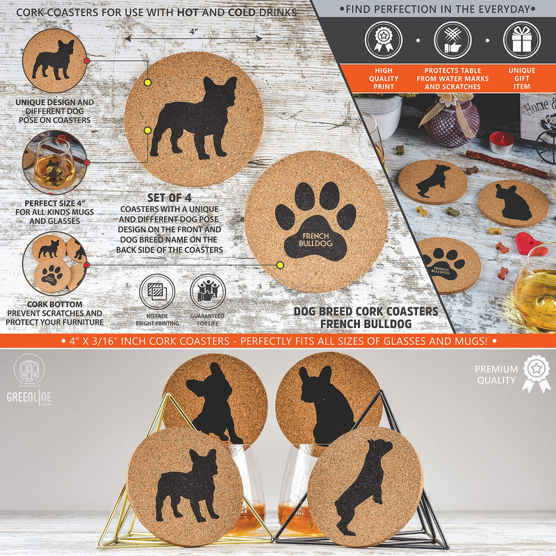 Greenline Goods French Bulldog Lovers Cork Drink Coasters - Set of 4 Dog Coasters with Protective Bottom - French Bulldog Decor Coasters for Drinks - Frenchie Gift Idea for French Bulldog Moms & Dads - BeesActive Australia