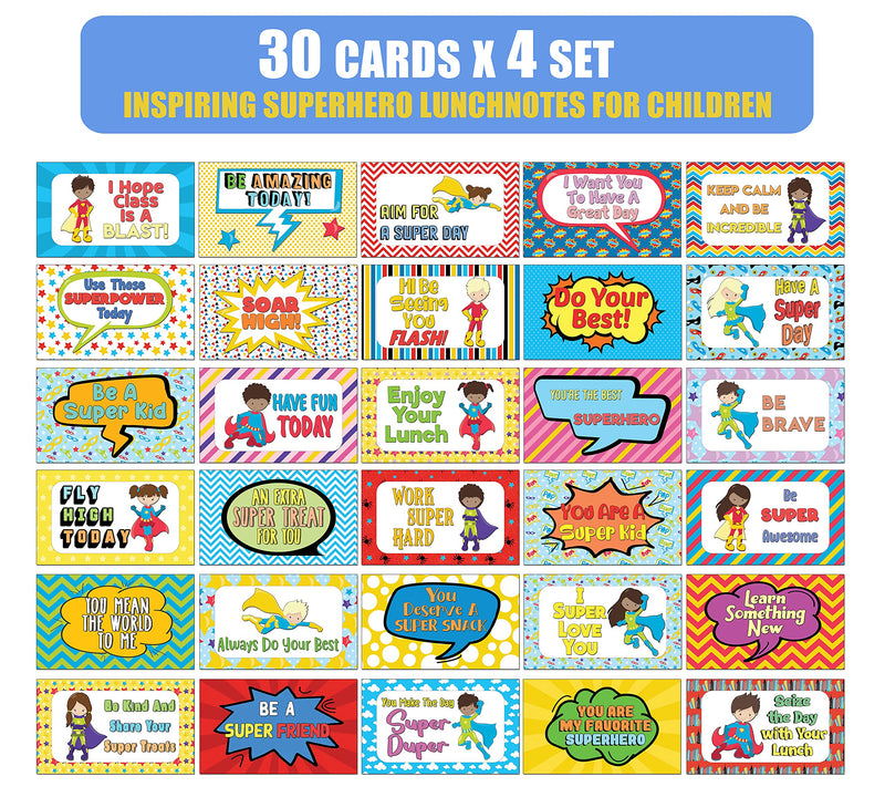 Creanoso Superhero School Lunch Box Notes (30-Cards x 4 Set) – Portable Design Gifts Ideas for Birthday Party Supply for Kids Boys Girls - Homeschooling Classroom Group Activities– DIY Bulk - BeesActive Australia