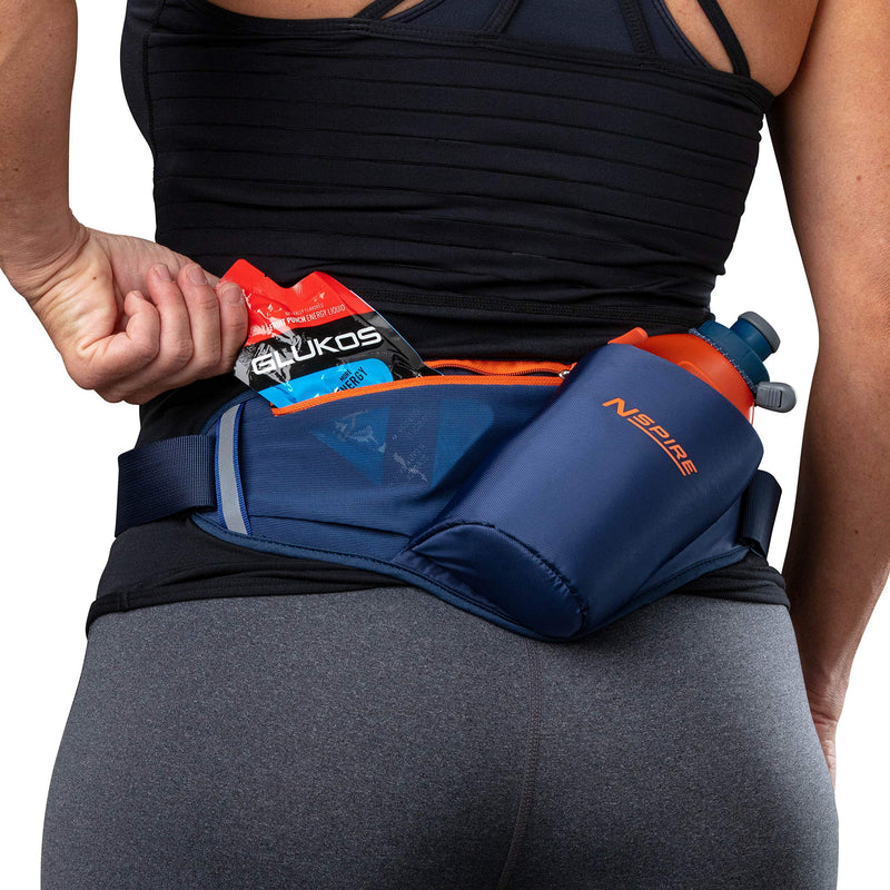 Nspire Hydration Waist Pack Bottle with 18oz Flask and Storage Area – Running, Hiking, Walking, Camping, Cycling, True Navy/Tigerlily - BeesActive Australia