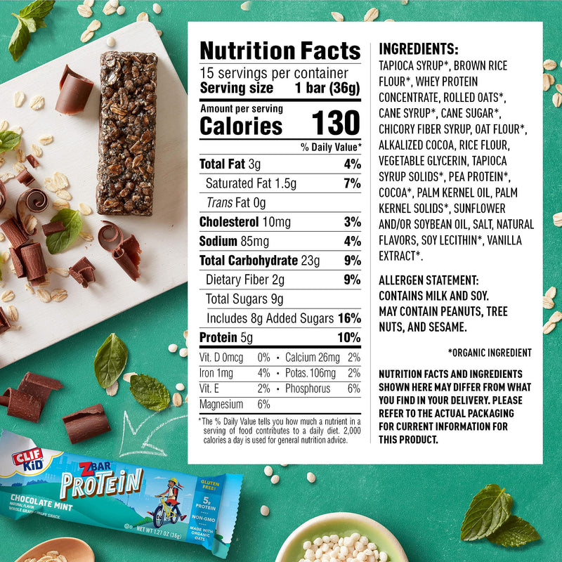 CLIF Kid Zbar Protein - Chocolate Mint - Crispy Whole Grain Snack Bars - Made with Organic Oats - Non-GMO - 5g Protein - 1.27 oz. (15 Pack) - BeesActive Australia