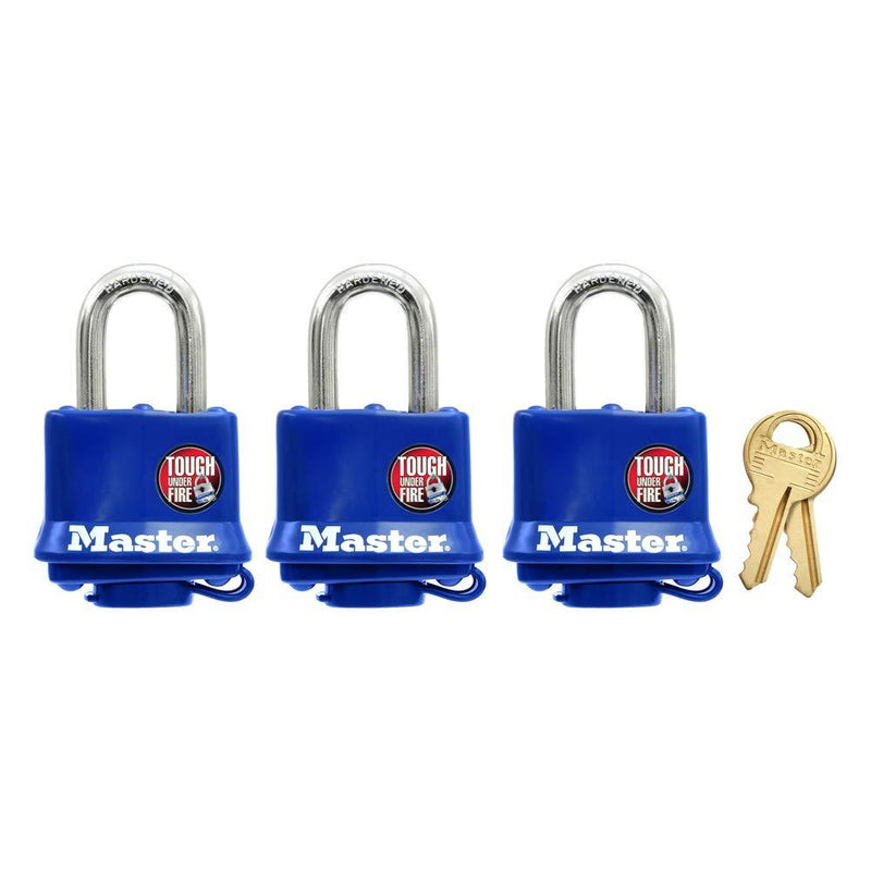 Master Lock 312TRI Laminated Padlock with Key & Thermoplastic Shell, Blue, Pack of 3 Keyed-Alike - BeesActive Australia