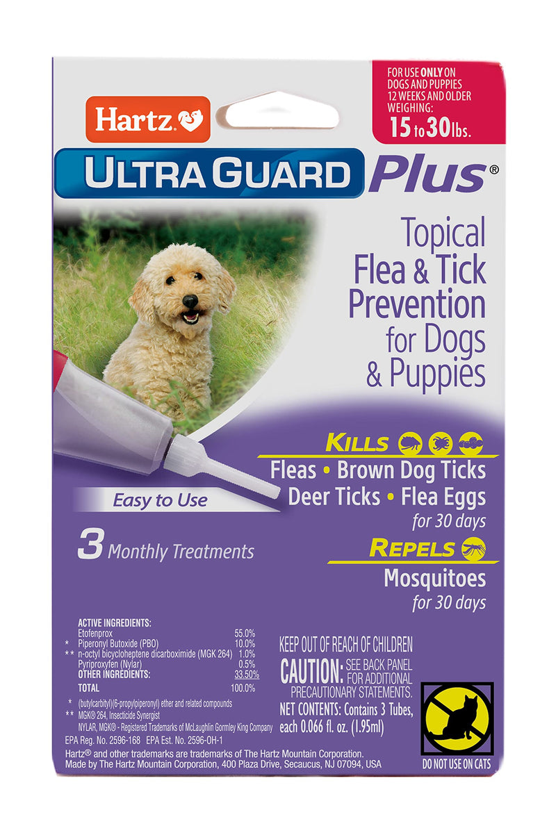 Hartz UltraGuard Plus Topical Flea & Tick Prevention for Dogs and Puppies - 15-30 lbs, 3 Monthly Treatments - BeesActive Australia