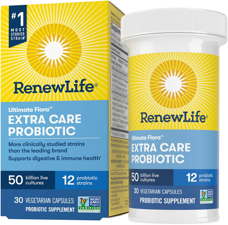 Renew Life Adult Probiotics 50 Billion CFU Guaranteed, 12 Strains, For Men & Women, Shelf Stable, Gluten Dairy & Soy Free, 30 Capsules, Ultimate Flora Extra Care- 60 Day Money Back Guarantee 30 Count (Pack of 1) - BeesActive Australia