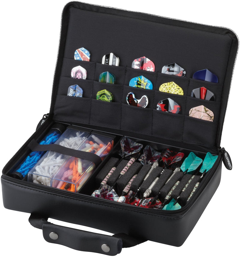 [AUSTRALIA] - Casemaster The Pro Leatherette Dart Case with Leather-Like Exterior Covering, Holds 9 Steel Tip or Soft Tip Darts with 15 Built-in Pockets for Accessories and Plastic Tubes and Containers for Even More 