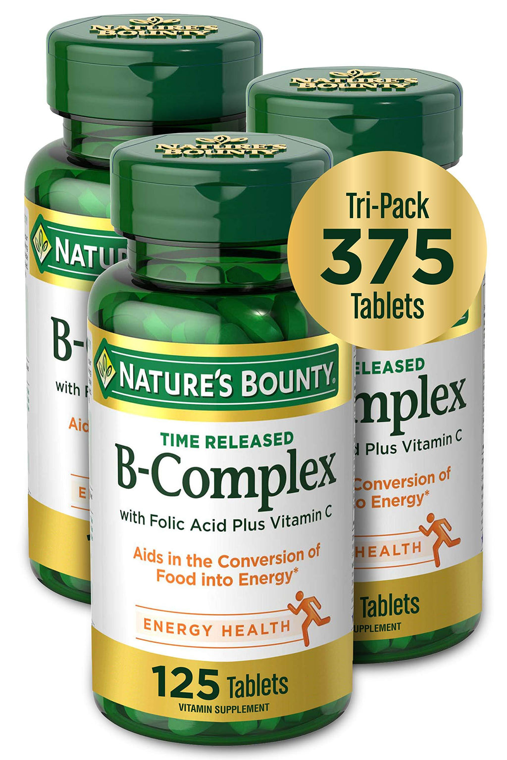Nature’s Bounty Time Released Vitamin B-Complex with Folic Acid Plus Vitamin C Supplement, Aids Metabolism and Antioxidant Support, 125 (3-Pack, 375 Total) Tablets - BeesActive Australia