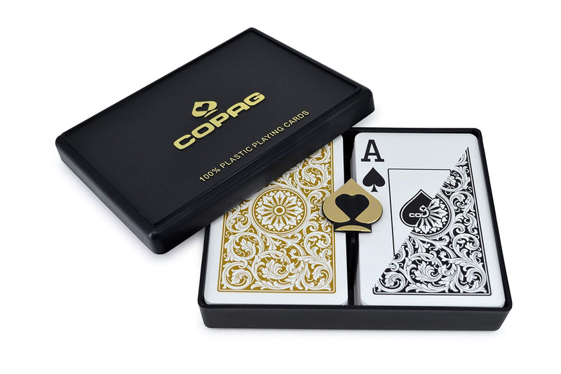 [AUSTRALIA] - Copag 1546 Design 100% Plastic Playing Cards, Bridge Size Jumbo Index Black/Gold Double Deck Set 