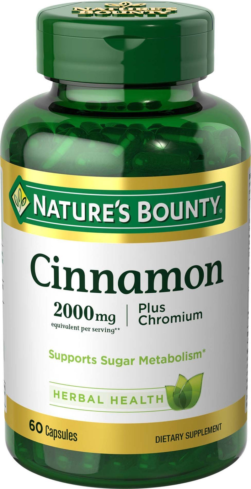 Cinnamon by Nature's Bounty, Herbal Supplement, Supports Sugar Metabolism, 2000mg Cinnamon Plus Chromium, 60 Capsules 60 Count (Pack of 1) - BeesActive Australia