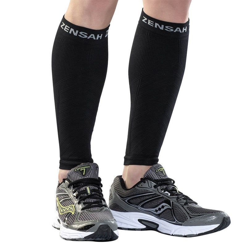 [AUSTRALIA] - Zensah Running Leg Compression Sleeves - Shin Splint, Calf Compression Sleeve Men and Women Small / Medium Black 