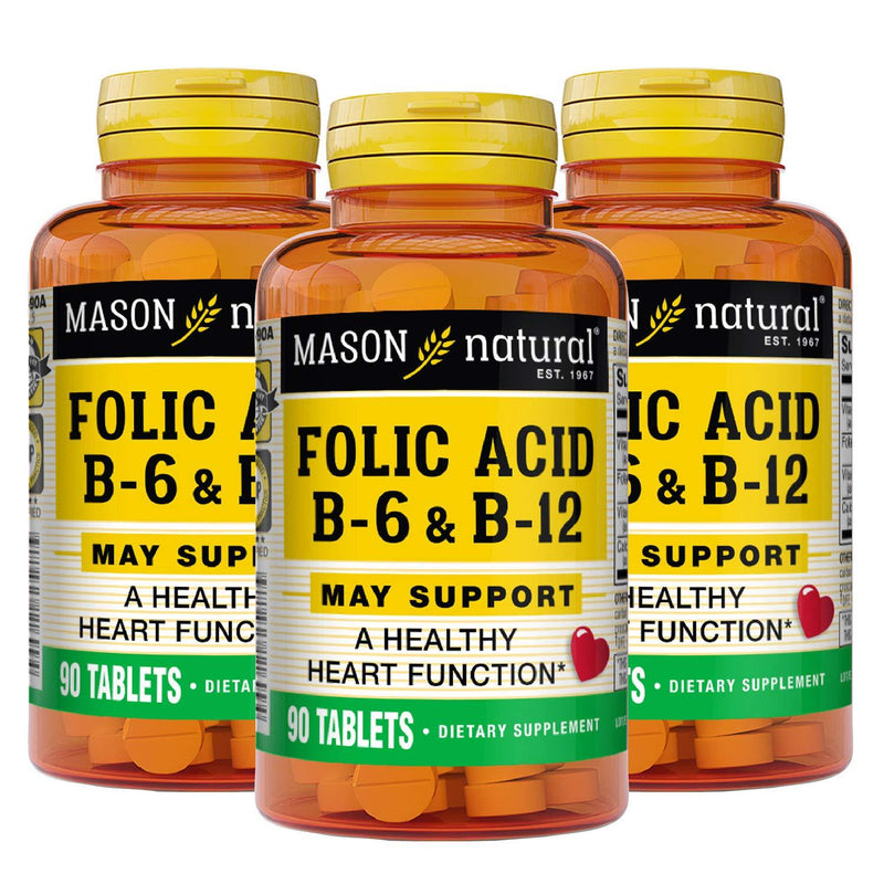 Mason Natural, Heart Formula B6/B12/Folic Acid Tablets, 90-Count Bottles (Pack of 3), Dietary Supplement Supports Cardiovascular Health, Red Blood Cell Formation, Metabolic Function - BeesActive Australia