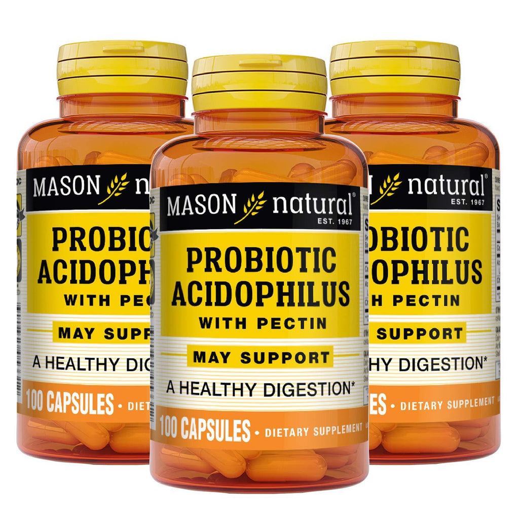 Mason Natural, Acidophilus with Pectin Capsules 100-Count Bottles (Pack of 3), Probiotic Dietary Supplement, Supports Healthy Digestion, May Ease Stomach Discomfort Due to Digestive Issues 100 Count (Pack of 3) - BeesActive Australia