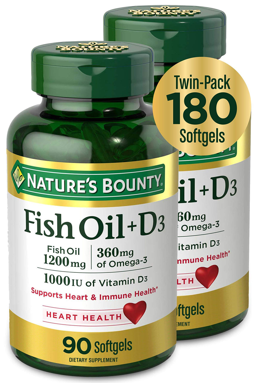 Nature’s Beauty Fish Oil + D3, 1200mg, 360mg of Omega-3, 1000IU of Vitamin D3, 90 (2-Pack, 180 Total) - BeesActive Australia