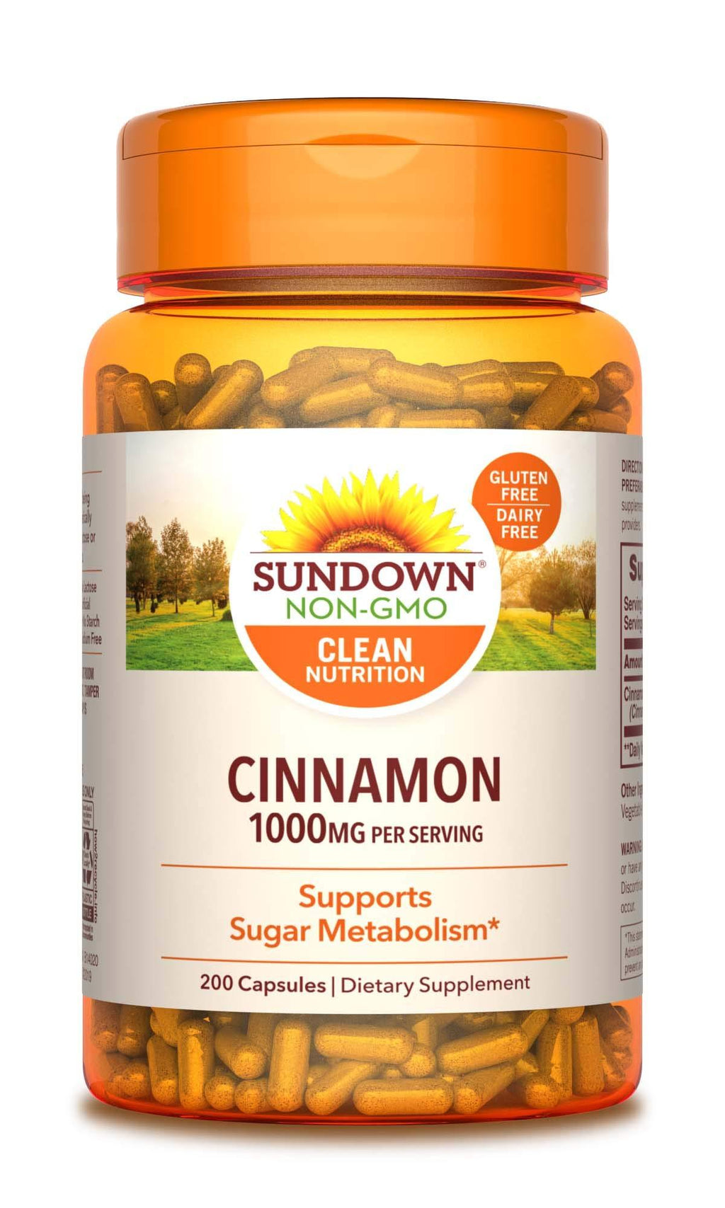 Cinnamon Capsules by Sundown, Support Sugar Metabolism, Non-GMOˆ, Free of Gluten, Dairy, Artificial Flavors, 1000 mg, 200 Capsules - BeesActive Australia