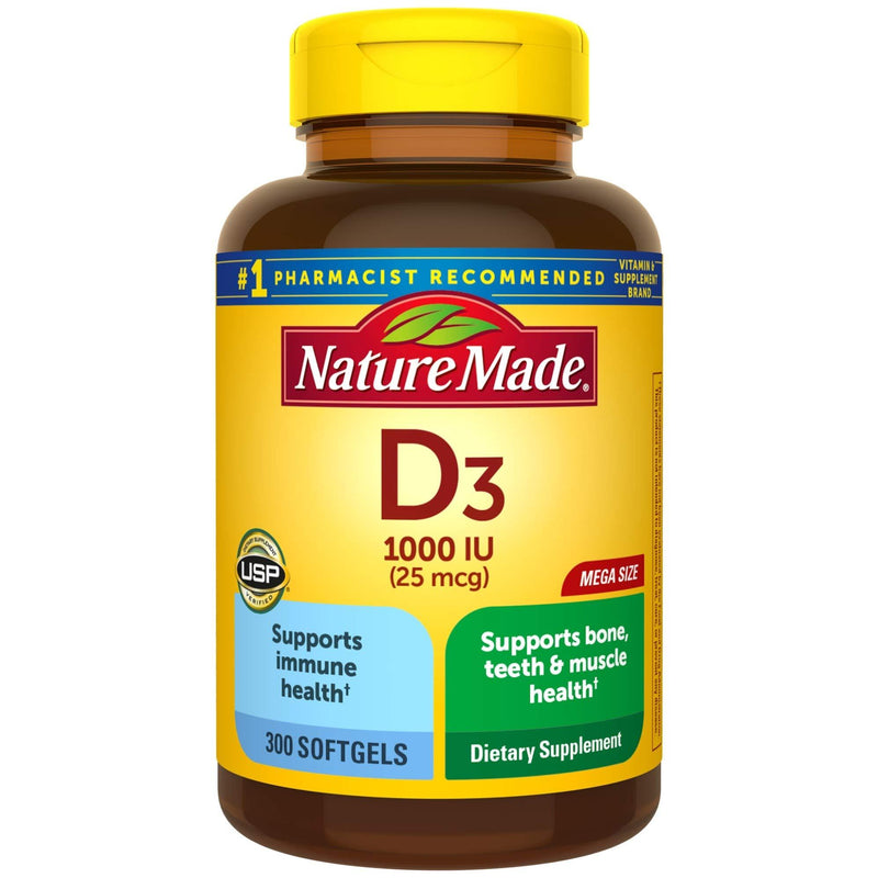 Nature Made Vitamin D3, 300 Softgels, Vitamin D 1000 IU (25 mcg) Helps Support Immune Health, Strong Bones and Teeth, & Muscle Function, 125% of the Daily Value for Vitamin D in One Daily Softgel 300 Count (Pack of 1) - BeesActive Australia