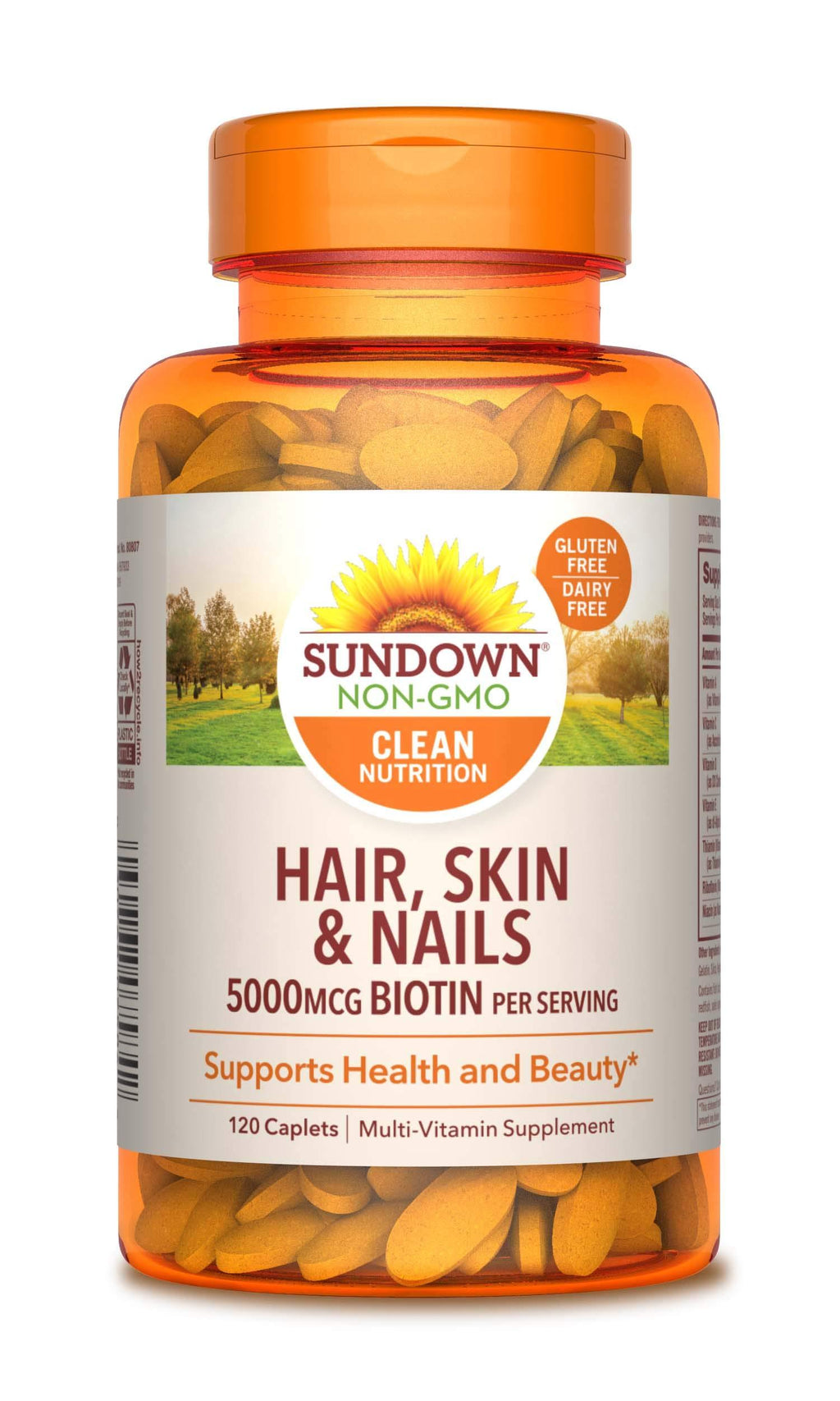 Hair, Skin & Nails Vitamins by Sundown, with Collagen, Non-GMOˆ, Free of Gluten, Dairy, Artificial Flavors, 5000 mcg of Biotin, 120 Caplets - BeesActive Australia