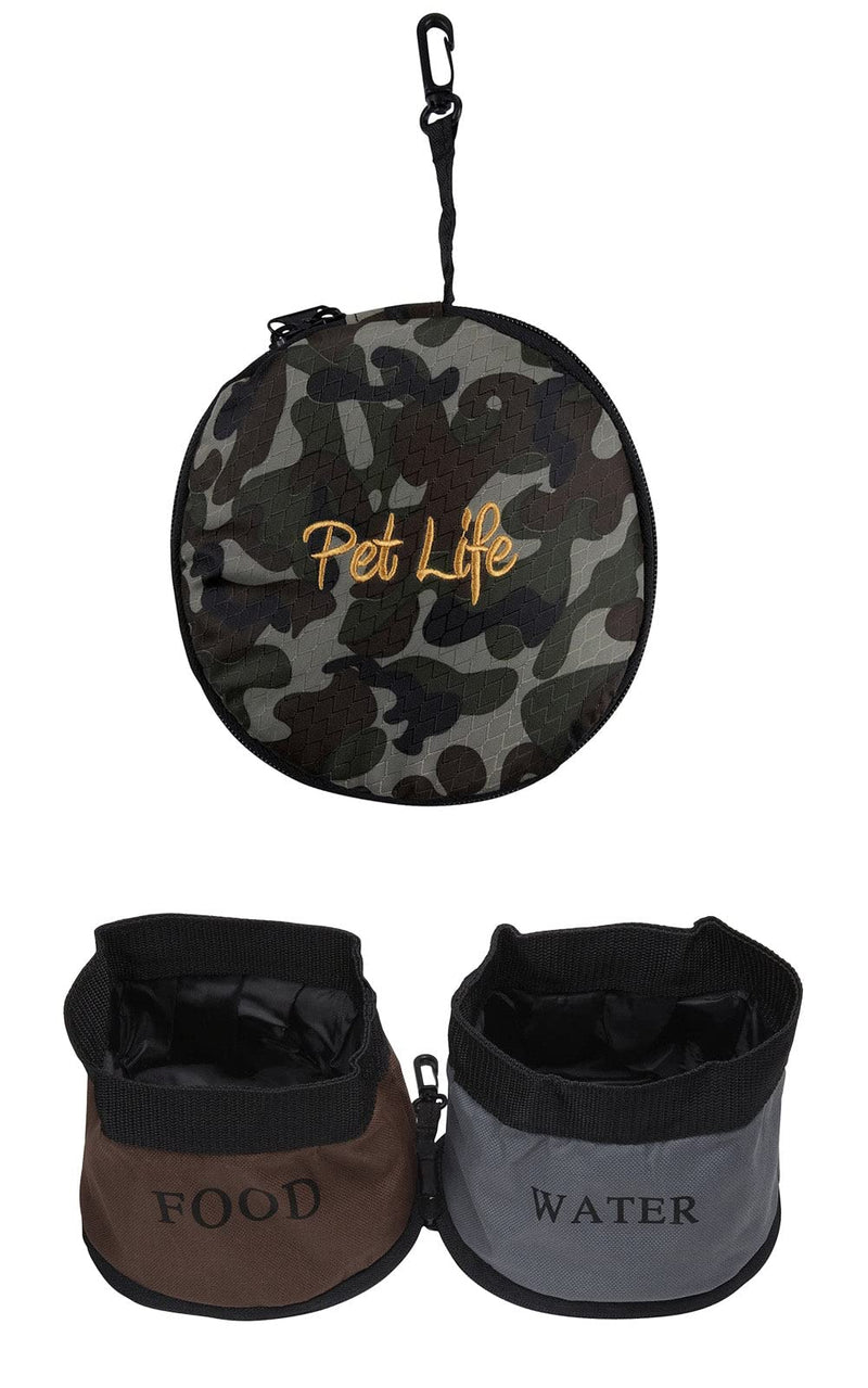 PET LIFE 'Dual Folding' Waterproof Food and Water Collapsible Folding Travel Pet Cat Dog Bowl Feeder Waterer Fountain Camouflage One Size - BeesActive Australia