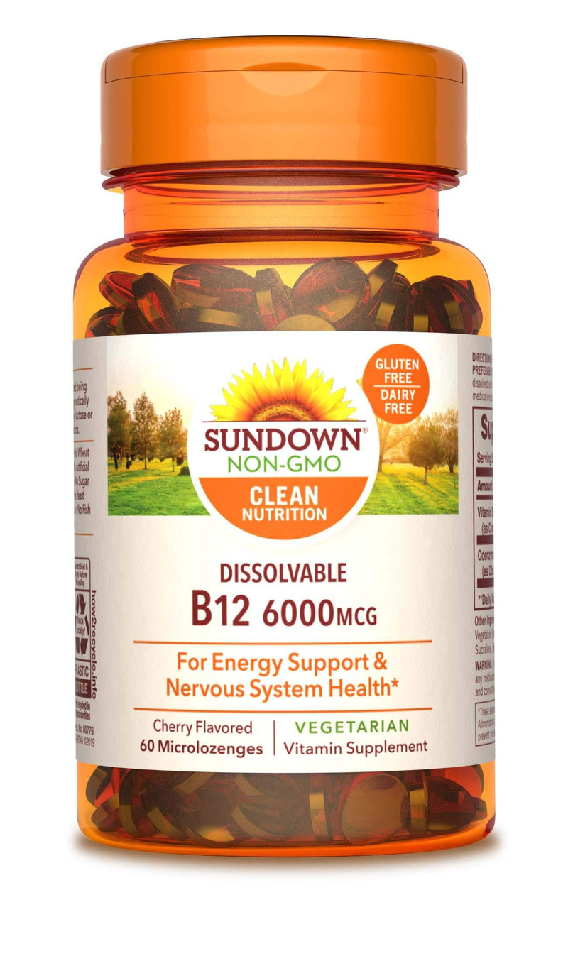 Vitamin B-12 Sublingual by Sundown, Vegetarian, Vegan, Non-GMOˆ, Free of Gluten, Dairy, Artificial Flavors, 60 Microlozenges Cherry Flavor, 6000 mcg, 60.0 Count (65331) - BeesActive Australia