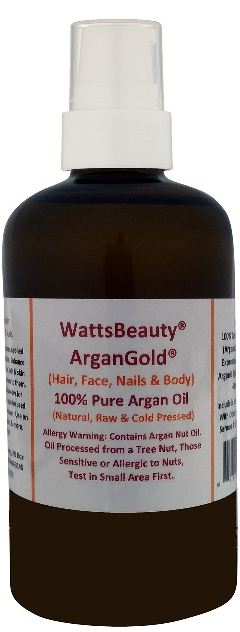 Watts Beauty ArganGold 100% Pure Argan Oil for Hair, Nails, Face & Body - All Natural Virgin Argan Oil Direct From Morocco- 4oz 4 Ounce Pump - BeesActive Australia