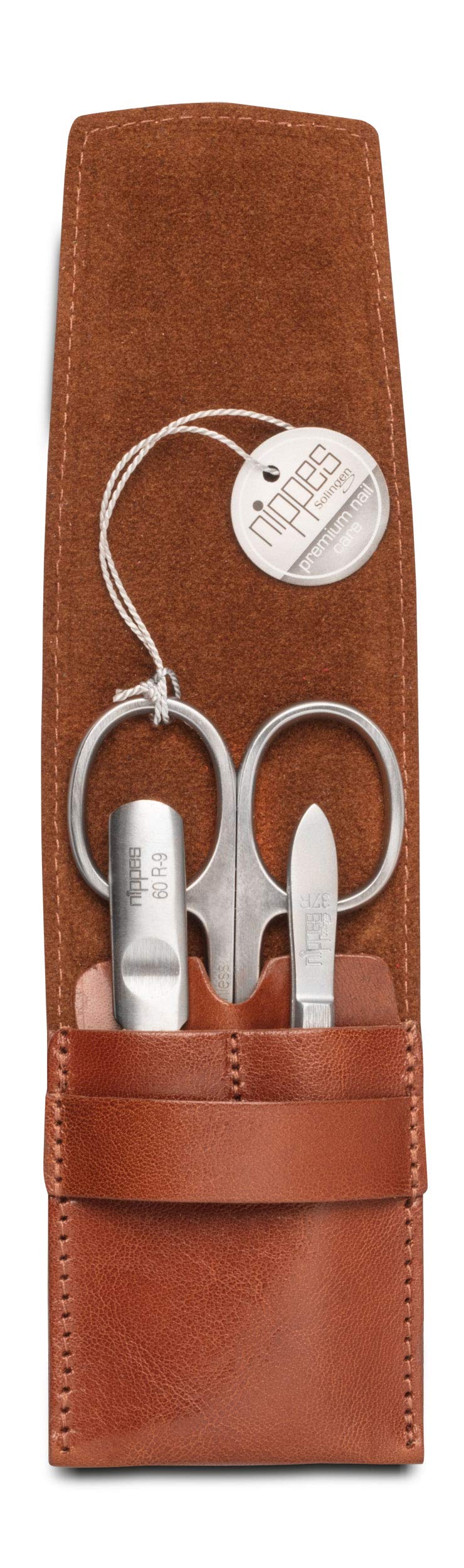 Nippes Solingen Manicure Set Whiskey 3 Pieces Stainless Steel Rust and Nickel Free Genuine Cowhide Leather Case with Flap Closure Nippes Premium Line Brown - BeesActive Australia