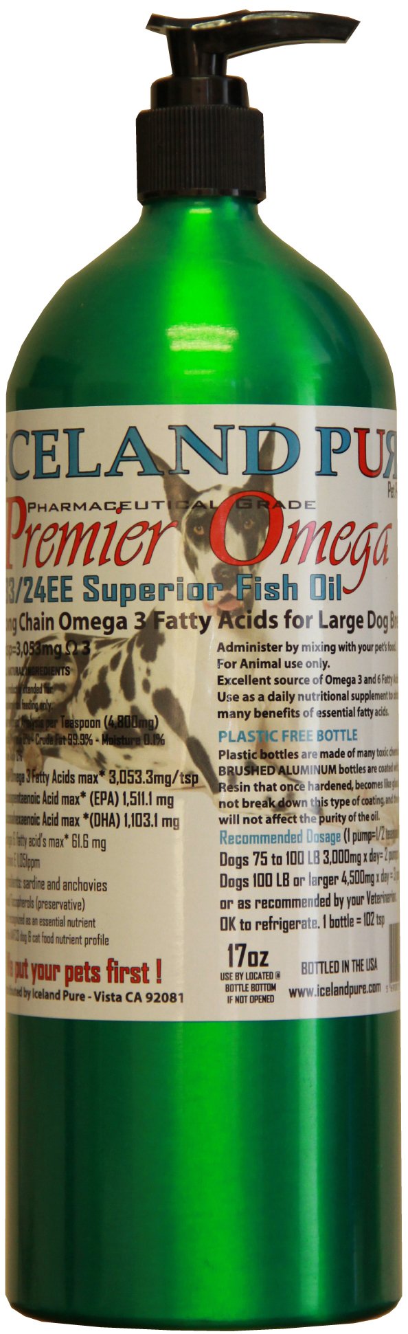 Iceland Pure PREMIER FISH OIL – FOR LARGE DOG BREEDS – 17OZ BRUSHED ALUMINUM BOTTLE – EASY TO ADMINISTER – SHINY COAT – HEART HEALTH – OMEGA-3 EPA & DHA FOR IMMUNITY (PO17) - BeesActive Australia