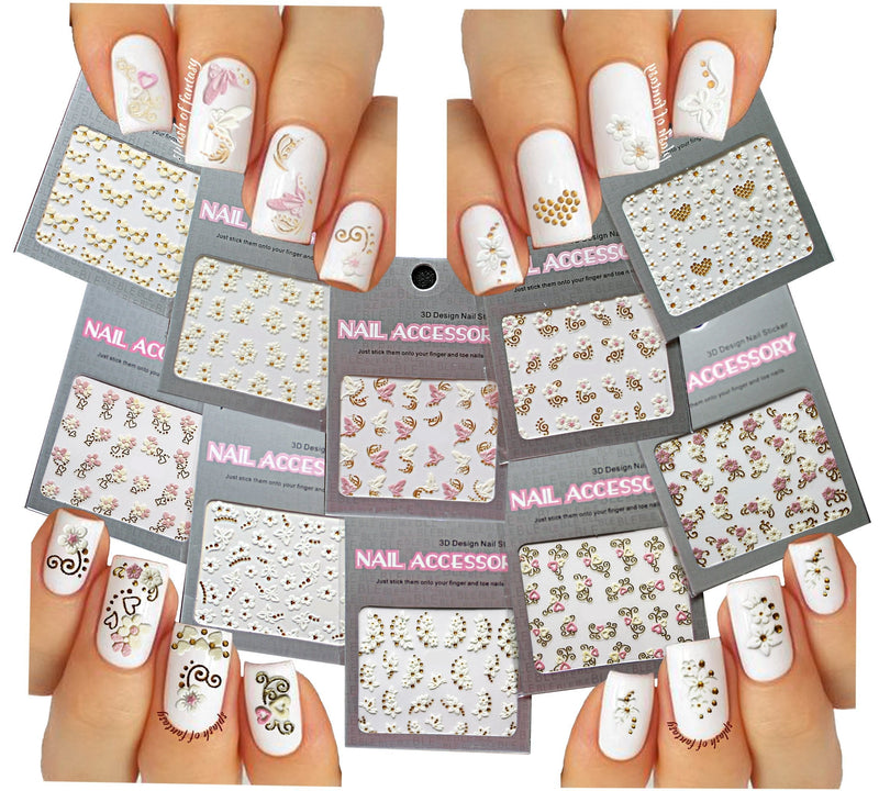Delicate Pink and White 3D Nail Art Stickers Decals with Amber Rhinestones 10 Packs Mixed Styles - BeesActive Australia