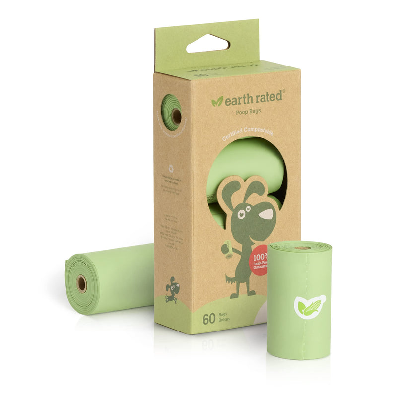 Earth Rated Compostable Dog Poop Bags, BPI-Approved, 60 Thick Poop Bags for Dogs Made From Vegetable Starch, Guaranteed Leak-proof, Unscented, 4 Refill Rolls, Each Pet Poop Bag Measures 9 x 13 Inches - BeesActive Australia
