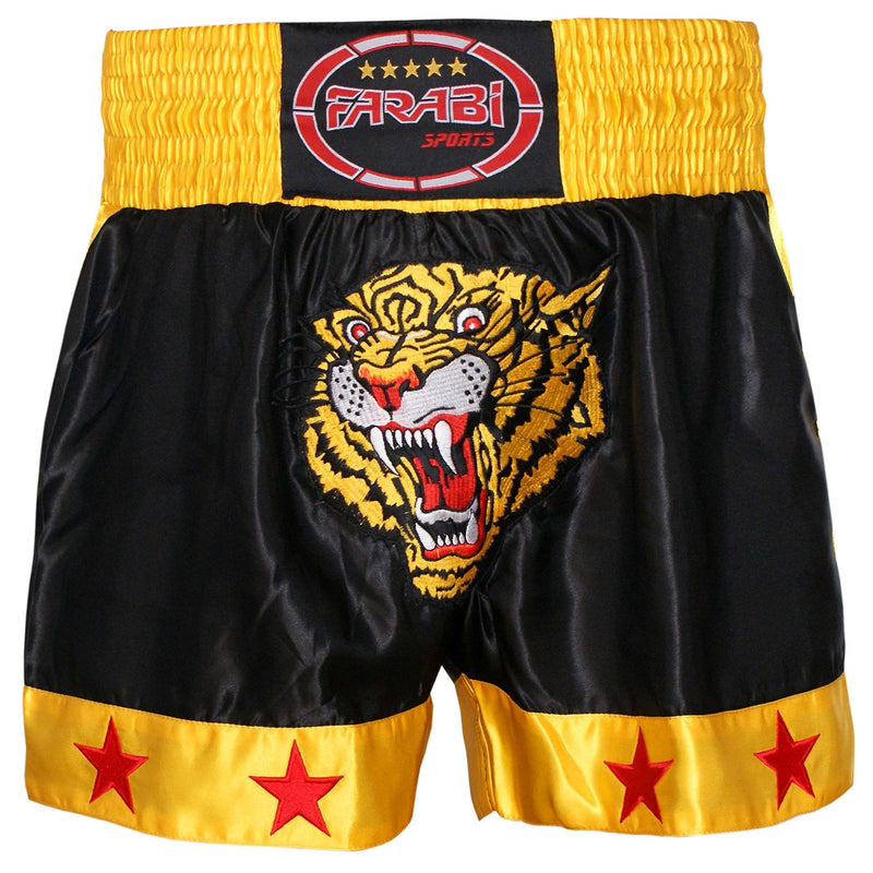 [AUSTRALIA] - Muay Thai Shorts Kick Boxing Training Satin Black Gold Short Tiger Embroidery Small 