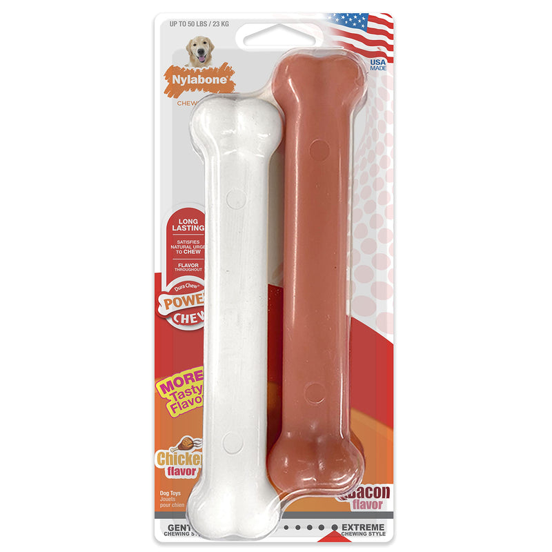 Nylabone Classic Twin Pack Power Chew Toy for Dogs l Durable Dog Chew Toy for Aggressive Chewers Made with Bold Flavor Bacon & Chicken Large/Giant (2 Count) - BeesActive Australia