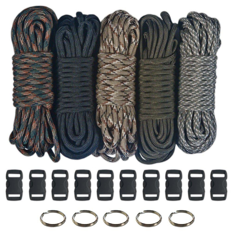 [AUSTRALIA] - Paracord 550  Kit - Five Colors (Olive Drab, ACU, Woodland Camo, Desert Camo, & Black) 100 Feet Total w/10 3/8" Black Side Release Buckles & (5) 32mm Key Rings 