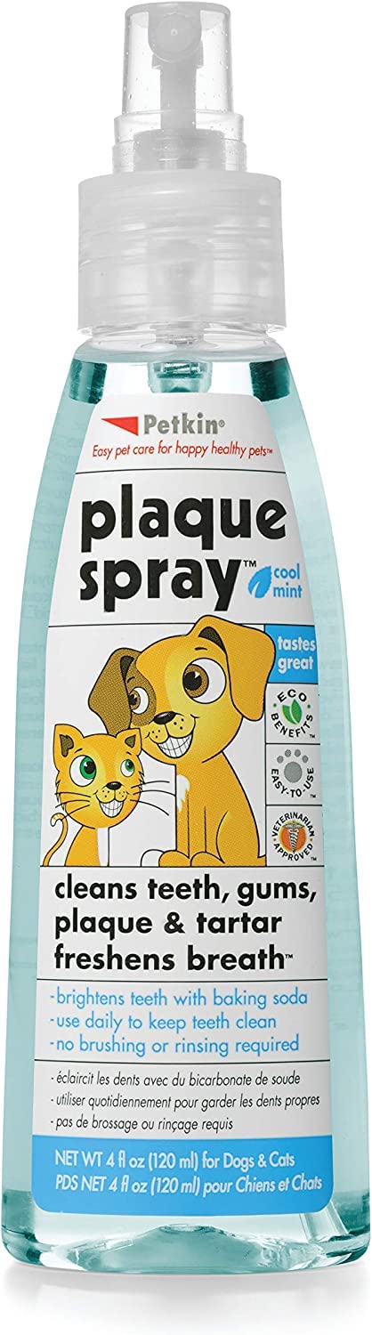 Petkin Plaque Spray, Cool Mint, 4 Fl Oz – Cleans Teeth & Gums, Removes Plaque & Tartar, Freshens Breath & Whitens Teeth with Baking Soda - Ideal Cat & Dog Dental Spray with No Brushing or Rinsing - BeesActive Australia