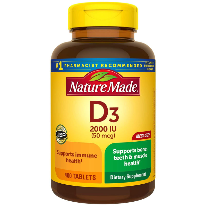 Nature Made Vitamin D3, 400 Tablets Mega Size, Vitamin D 2000 IU (50 mcg) Helps Support Immune Health, Strong Bones and Teeth, & Muscle Function, 250% of Daily Value for Vitamin D in One Daily Tablet 400 Count (Pack of 1) - BeesActive Australia
