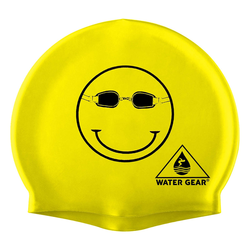Water Gear Latex Swim Cap - Swimming Caps for Girls Long Hair - Waterproof Swimming Cap - Happy Face Black/Yellow - BeesActive Australia