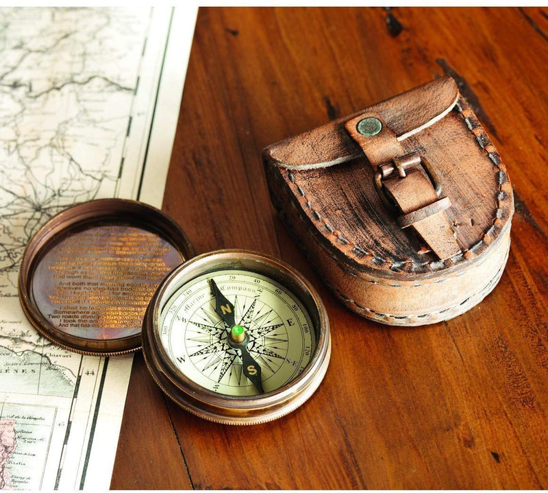 Antiqued Brass Poem Compass with Leather Case - BeesActive Australia