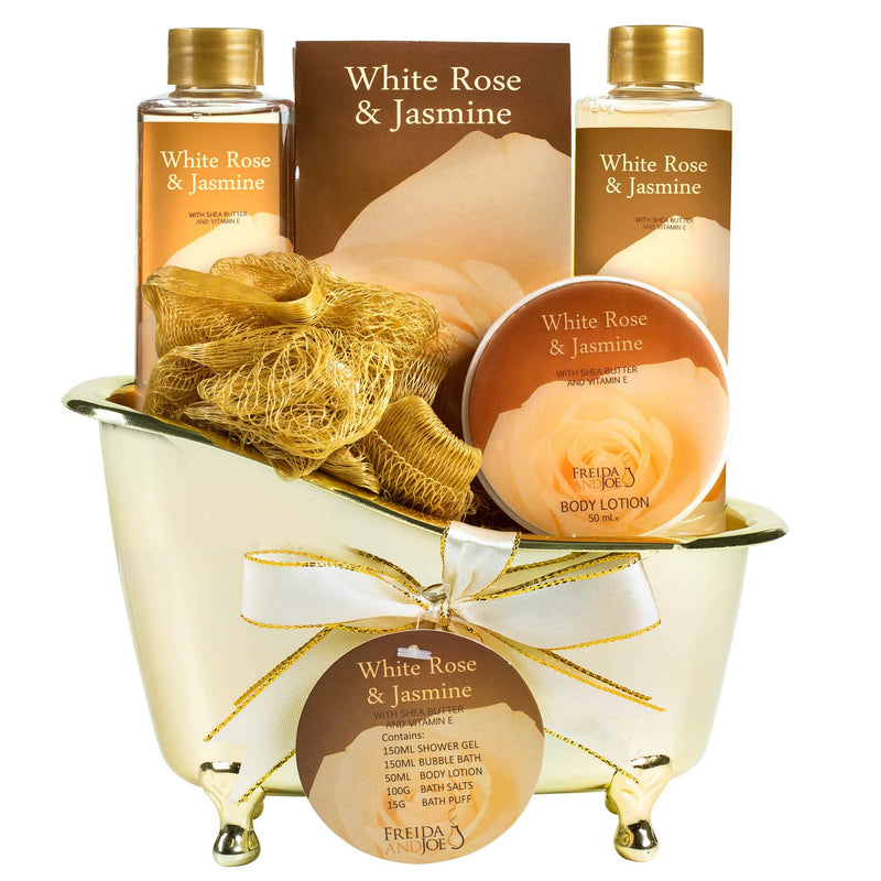 White Rose Jasmine Spa Set For Women Displayed in Elegant Gold Tub Includes Shower Gel, Bubble Bath, Body Lotion, Jasmine Bath Salt and Pouf, Award Winning Bath and Body Set White Rose Jasmine - BeesActive Australia