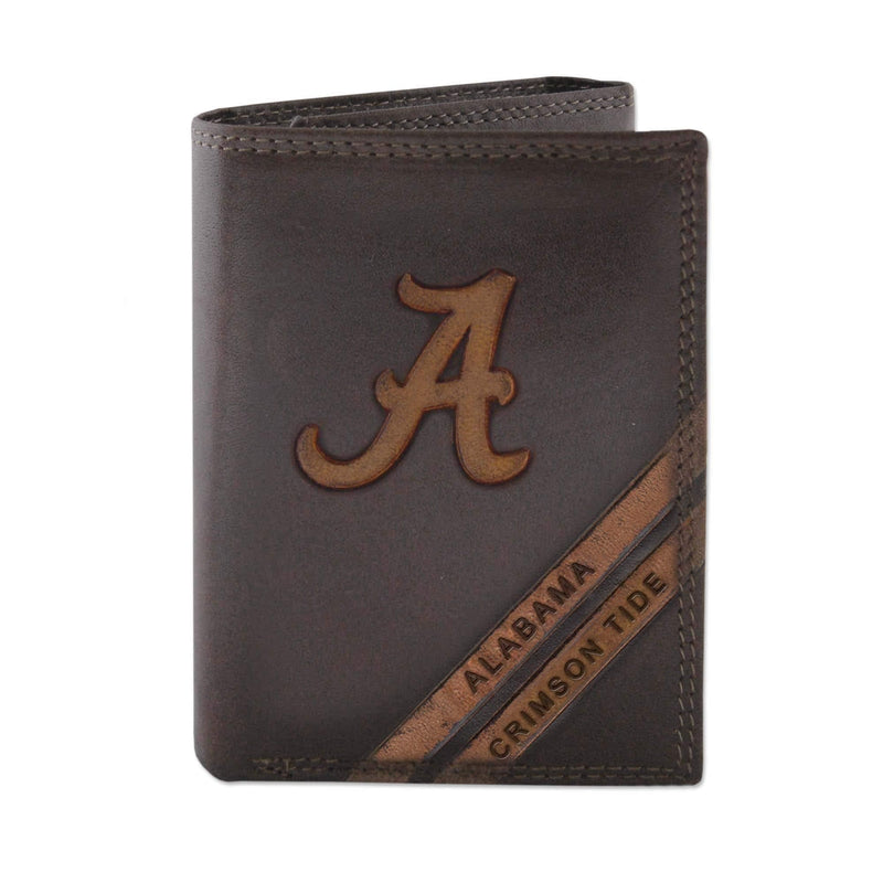 NCAA Alabama Crimson Tide Zep-Pro Pull-Up Leather Trifold Embossed Wallet, Brown - BeesActive Australia