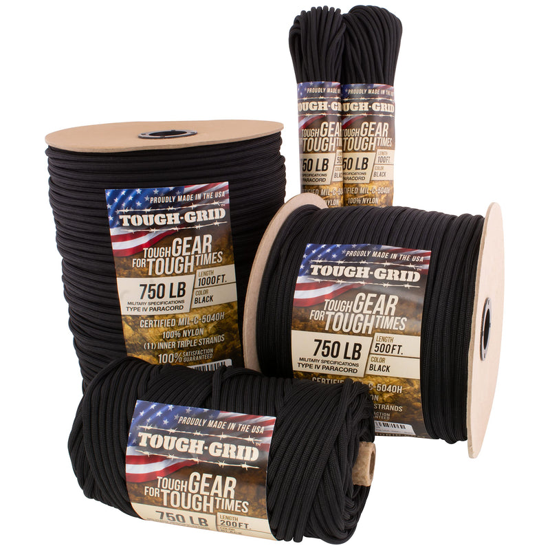 TOUGH-GRID 750lb Paracord/Parachute Cord - Genuine Mil Spec Type IV 750lb Paracord Used by The US Military (MIl-C-5040-H) - 100% Nylon Black 50Ft. (Coiled in Bag) - BeesActive Australia