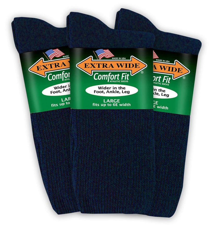 Extra Wide Comfort Fit Athletic Crew (Mid-Calf) Socks for Men and Women, Made in USA, Pick your size, Do not size up Large Large - Navy - BeesActive Australia