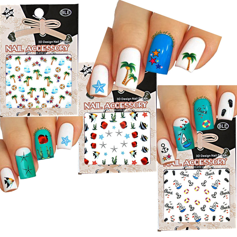 Fun in the Sun Beach Theme Nail Art 3D Stickers Decals Variety Pack of 3 /Palm Tree, Star Fish, Yacht, Stars, Flip Flop, Fish - BeesActive Australia