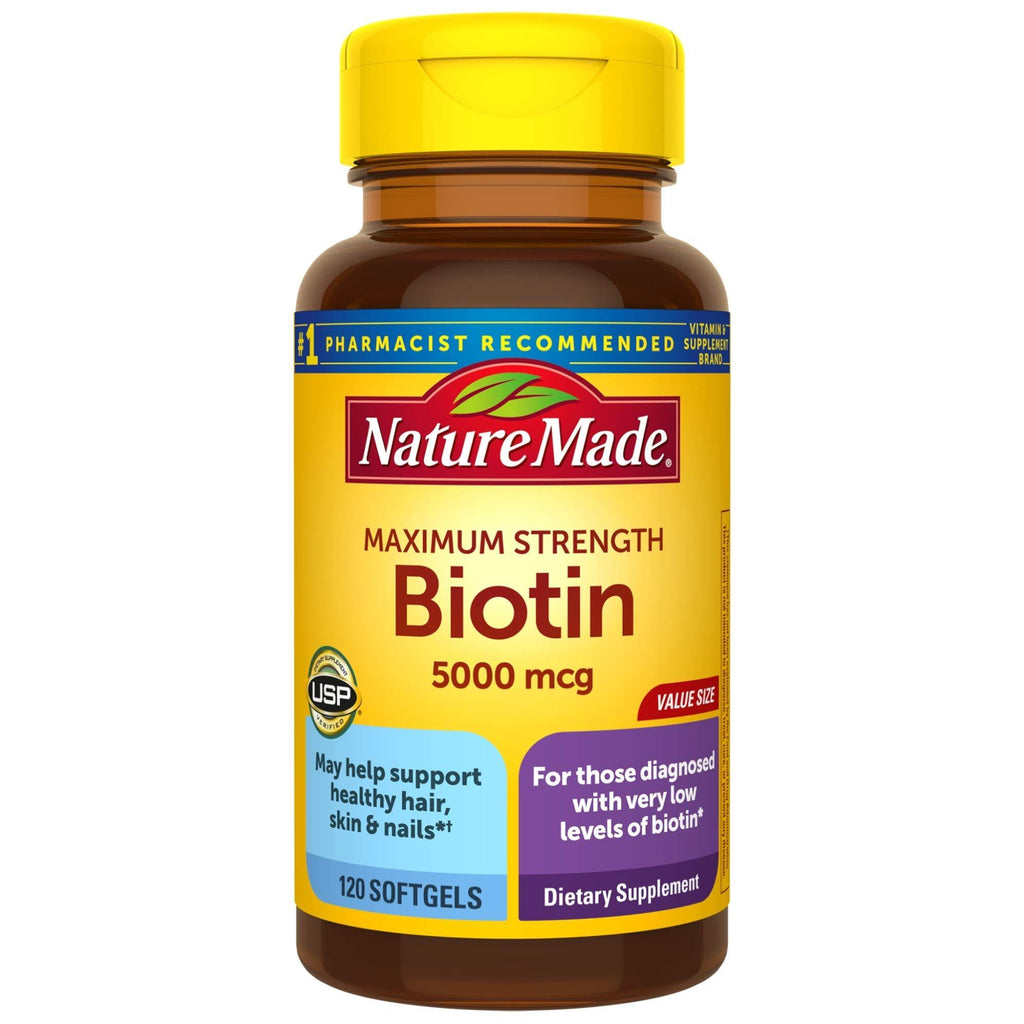 Nature Made Maximum Strength Biotin 5000 mcg Softgels, 120 Count Value Size for Supporting Healthy Hair, Skin and Nails 120 Count (Pack of 1) - BeesActive Australia