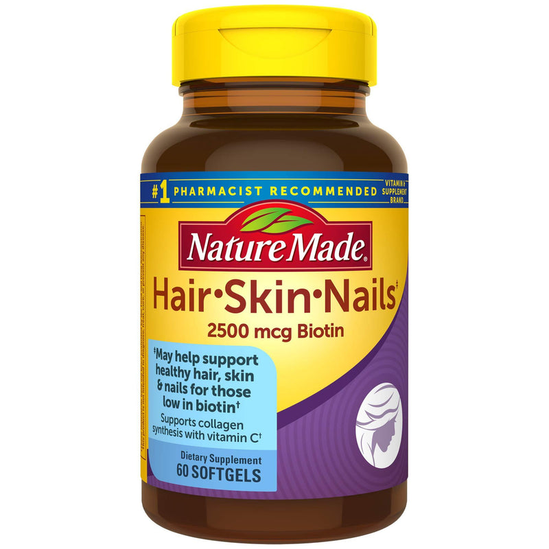 Nature Made Hair, Skin & Nails with 2500 mcg of Biotin Softgels, 60 Count for Supporting Healthy Hair, Skin and Nails 60 Count (Pack of 1) - BeesActive Australia