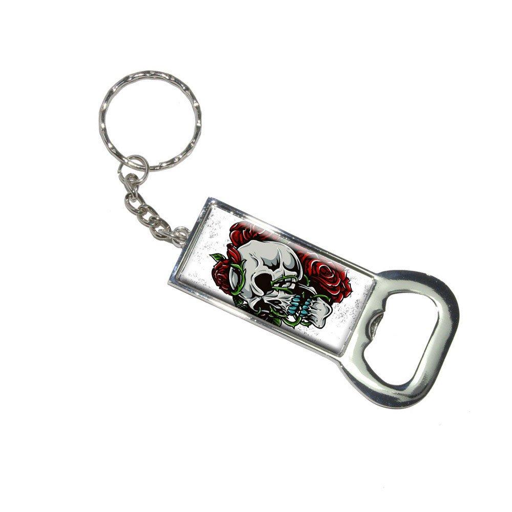 Graphics and More Bottlecap Opener Key Chain, Human Skull Vines and Roses - Skeleton Flowers (KK2456) - BeesActive Australia