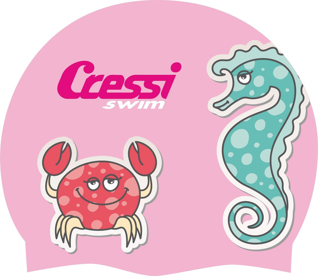 Cressi Silicone Junior Swimming Cap- Comfortable and Stylish | Quality Since 1946 Pink-W/Crab & Sea Horse - BeesActive Australia
