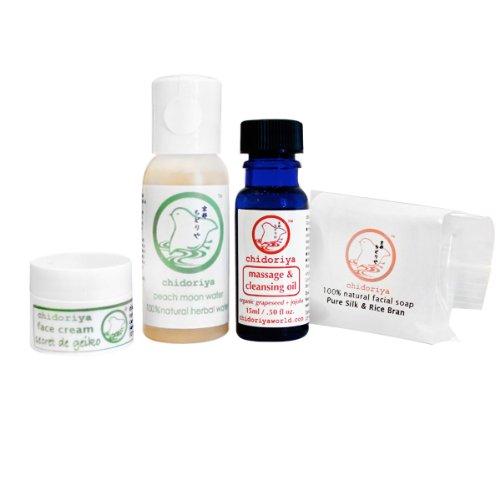 Chidoriya Geiko Skin Care Trial and Travel Set for Normal and Combination Skin with Face Cream, Massage and Cleansing Oil, Peach Moon Herbal Water, and Azuki Brown Sugar Soap, 4 pieces - BeesActive Australia