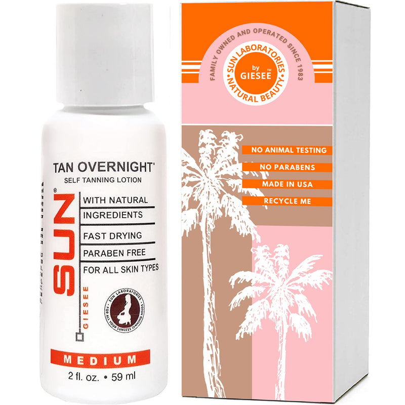Sun Laboratories Mini Tan Overnight Sunless Self Tanning Lotion for Body & Face | All Natural Bronzing Cream with Aloe, Vitamin E and C | Instant, Fast Drying, Streak-Free Tint | Medium, Travel Size, 2 Oz (Packaging May Vary) 2 Fl Oz - BeesActive Australia