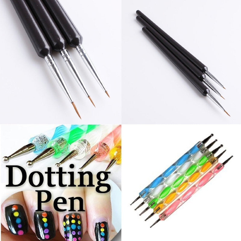 So Beauty 5pcs 2 Way Marbleizing Dotting Pen Set+3pcs Professional Nail Art Black Brushes - BeesActive Australia