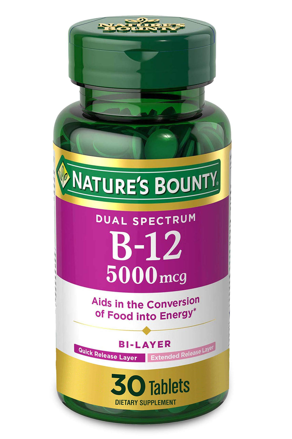 Nature’s Bounty Dual Spectrum Vitamin B-12 Bi-Layer Supplement: Half Quick Release and Half Extended Release, Supports Metabolism and Nervous System Health, 5000mcg, 30 Tablets - BeesActive Australia