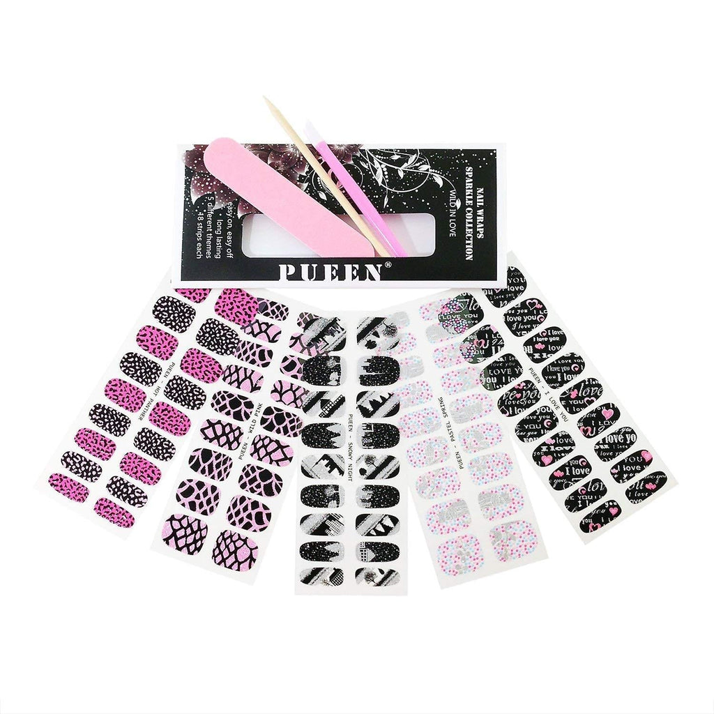 PUEEN 3D Sparkle Nail Wraps Collection WILD IN LOVE - 5 Pack (18 Strips Each) Nail Wraps/Nail Strips/Nail Foils/Nail Stickers/Nail Decals/Nail Patches in New High Fashion Designs-BH000196 - BeesActive Australia