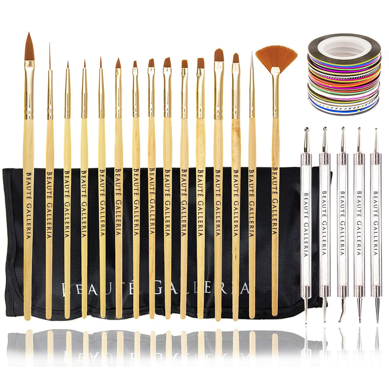 Beaute Galleria Bundle 50 Pieces Nail Art Tool Kit with Pouch - 5 Pieces Dotting Tool Marbleizing Pen (10 Sizes), 15 Pieces Acrylic Gel Detailing Painting Brushes Liners, 30 Pieces Striping Tapes - BeesActive Australia
