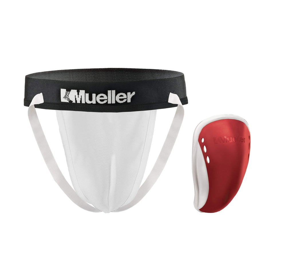 Mueller Athletic Supporter with Flex Shield Cup, White/Red, Teen Large - BeesActive Australia